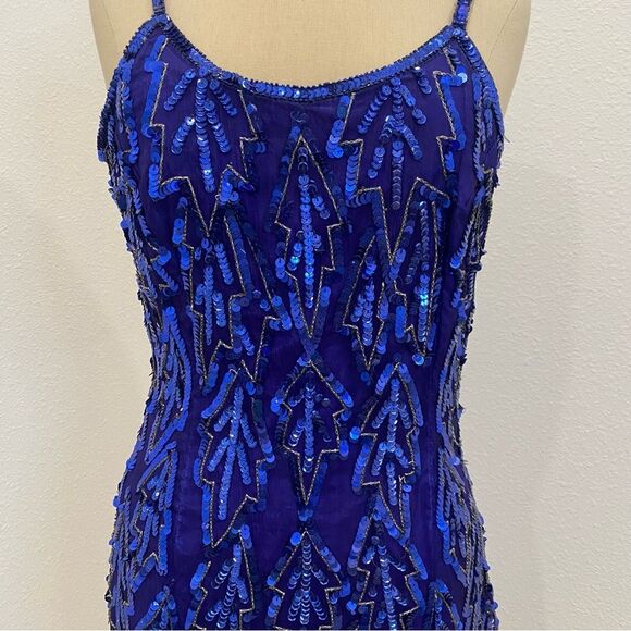 Vintage 80s Blue Silk Sequin Dress Beaded Geo Mini Party Cocktail Sz Medium - Picture 3 of 10